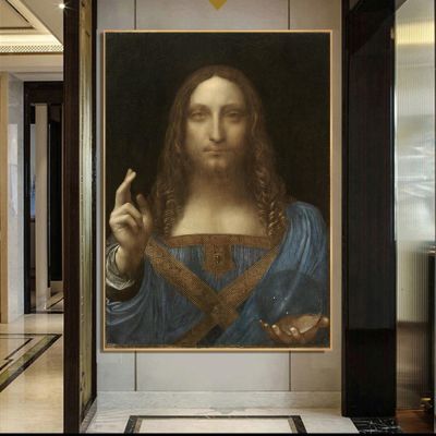 Salvator Mundi ผ้าใบภาพวาดโดย Leonardo Da Vinci ที่มีชื่อเสียงโปสเตอร์และพิมพ์ภาพผนังสำหรับห้องนั่งเล่นตกแต่งบ้าน (ไม่มีกรอบ)
