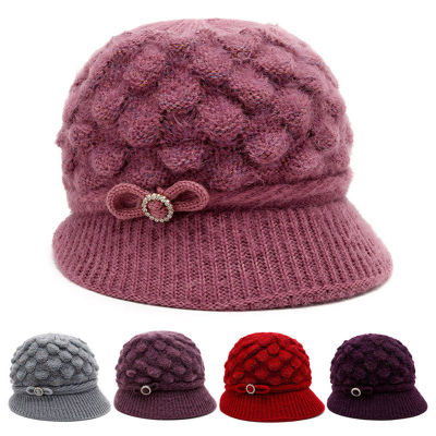 แฟชั่นฤดูหนาวที่อบอุ่นหญิงถักหมวกไม่ส่องระบายอากาศสีสดใสอบอุ่นถักหมวกด้วย Visor สำหรับผู้หญิงหิมะถักหมวก