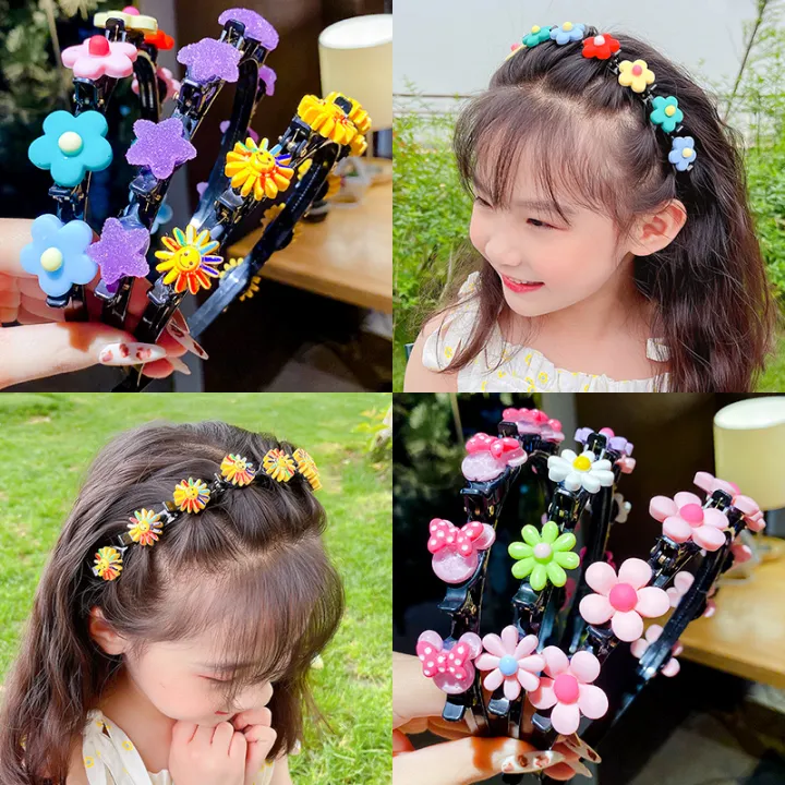 Cute Daisy Rainbow Flower Strawberry Hair Braiding Clip Loop Headband for Kids Children Hair Styling Tools