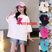 19 - 50 Kg Áo thun form rộng basic bé gái cotton in chú gấu hồng áo thun