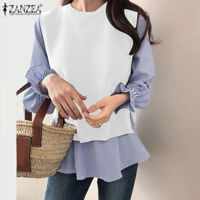 (สินค้ามาใหม่)(จัดส่งฟรี)Fancystyle ZANZEA เสื้อสเวตเตอร์คอกลมปลอกแขนแบบมีระบายแฟชั่นเสื้อเย็บต่อกันลายทางสไตล์เกาหลีของผู้หญิง #10