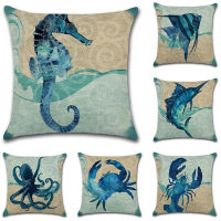 Blue Pillow Case Marine Turtle Octopus Sea Horse Jellyfish Pattern Throw Pillowcase Square Cotton Linen Cushion Cover Home Decor