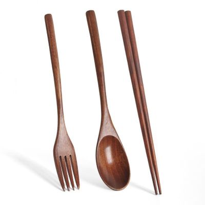 【CW】 Wood 3 piece Tableware Handle Chopsticks Fork Household Non slipTH