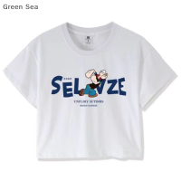 Green sea เสื้อยืดผู้หญิงคอกลมเข้ารูปพิมพ์ลายตัวอักษรการ์ตูนฤดูร้อน