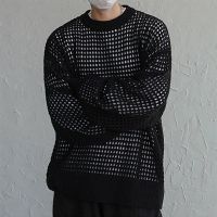 Casual Pure Color Long Sleeve Sweaters Mens Fashion Mesh Hollow Out See Through Knit Jumper Top Men Clothes Fall Vintage Sweater