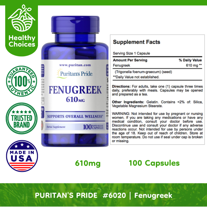 PURITAN'S PRIDE 6020 EXP 10/2024 Fenugreek 610mg, 100 Rapid Release