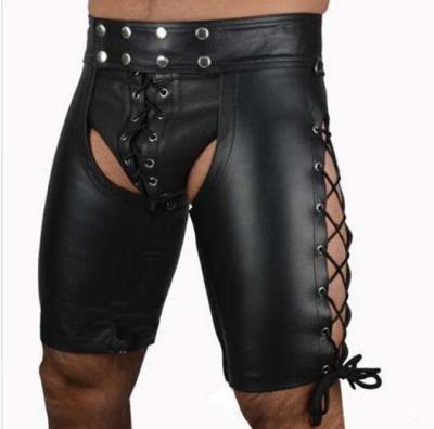 2022 Sexy Lingerie Gay Men Faux Leather Lace Up Pants New Hot Black Mens Latex PVC Bondage Open Cortch Shorts Gothic Fetish