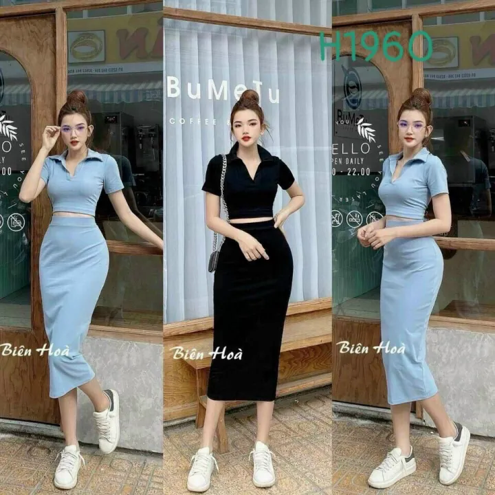 Sét bộ áo croptop cổ bẻ phối chân váy dài cực xinh , chất thun ...