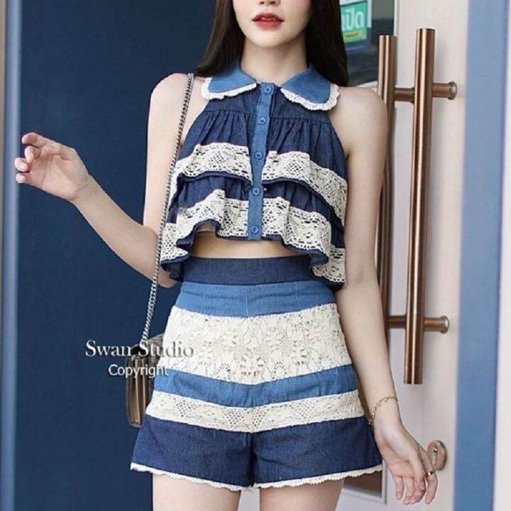 p018-003-pimnadacloset-collar-sleeveless-button-down-layer-ruched-top-denim-lace-shorts-set