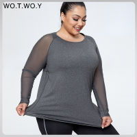 WOTWOY Loose Mesh Patchwork Plus Size T-Shirts Women O-Neck 4XL Long Sleeve Tees Female Fast Drying Breathable Tops 2022 Spring