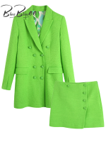 BlingBlingee 2022 Spring Women Casual Tweed Jacket Traf Long Sleeve Double Breasted Slim Blazer Suits Skirt Green Sets OL Style