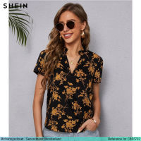 USED Shein - Black Floral Notch Neck Top | เสื้อแขนสั้นสีดำ สีทอง เสื้อคอตั้ง คอวี ลายดอก ระบาย ทำงาน สายฝอ แท้ มือสอง