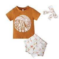 [COD] and children European summer style short-sleeved letter printed T-shirt top floral headband three-piece suit