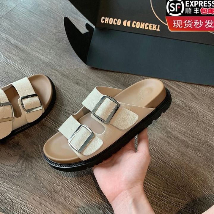 hot-sale-sandals-and-slippers-women-korean-version-of-birkenstock-2023-summer-new-round-head-one-word-with-square-buckle-casual-outer-sandals