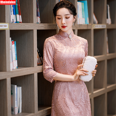 ใหม่ผู้หญิง Slim แฟชั่น Retro พิมพ์ลูกไม้ลูกปัดสีชมพู Cheongsam จัดเลี้ยง Host Dress