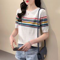 Top For Women S New Korean Blouse Knit Short Sleeve T-Shirt Women S Top Thin Striped Tops