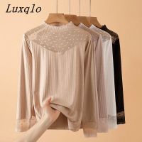 Luxqlo เสื้อยืดคอปกลูกไม้ทรงกลมสำหรับผู้หญิงเสื้อยืดแฟชั่นใหม่แบบลำลองลายจุดแขนยาวเสื้อผู้หญิงเกาหลีแบบบาง