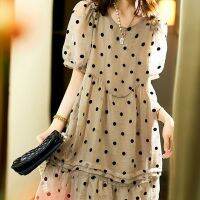 【HOT】☇ Dot Printed Folds Patchwork Womens Clothing Loose O-Neck Dresses