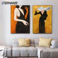 [Cos imitation] Vestido Moderno Negro Con Tirantes Para Chica Pintura En Lienzo Abstracta Mujer Sexy Imagen Artística De Pared Para Sala De Estar Póster Naranja Y Amarillo Impresión N