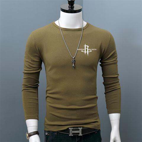 เสื้อยืดแขนยาวตัดเย็บสำหรับผู้ชายเสื้อยืดพื้นล่างเข้ารูปพอดีคอกลมฤดูใบไม้ผลิและเสื้อท่อนบนสำหรับฤดูใบไม้ร่วงทันสมัยพิมพ์ลายวัยรุ่นเสื้อยืดอินเทรนด์รุ่นเกาหลี
