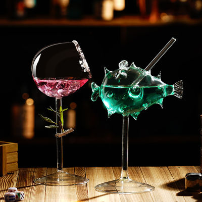 ถ้วยแก้ว Fugu สุดสร้างสรรค์สำหรับถ้วยค็อกเทลแบบถ้วยท้องใหญ่เฉียงปากแก้วไวน์แดงโมเลกุลอาหาร BarQianfun
