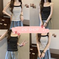 DD SHOPพร้อมส่ง 5A88 เสื้อกล้ามไหมพรม ลายทางสีพื้น กระดุมตรงสาย  -C