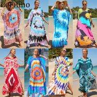 jkk Fashion New Tie-dyed Cotton Printed V-neck Robe Vacation Loose Large Beach Swimwear Cover Up Female