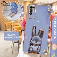 Callfire เคสสายรัดข้อมือแบบยาวสำหรับ Infinix Tecno Pova 2 Pova 3 Tecno Pova Neo LE7n LE6 LE6h ตัวยึดกระต่ายเชือกแขวนหรูหราชุบกล้องสี่เหลี่ยมนิ่มป้องกันเคสยางป้องกันการตก