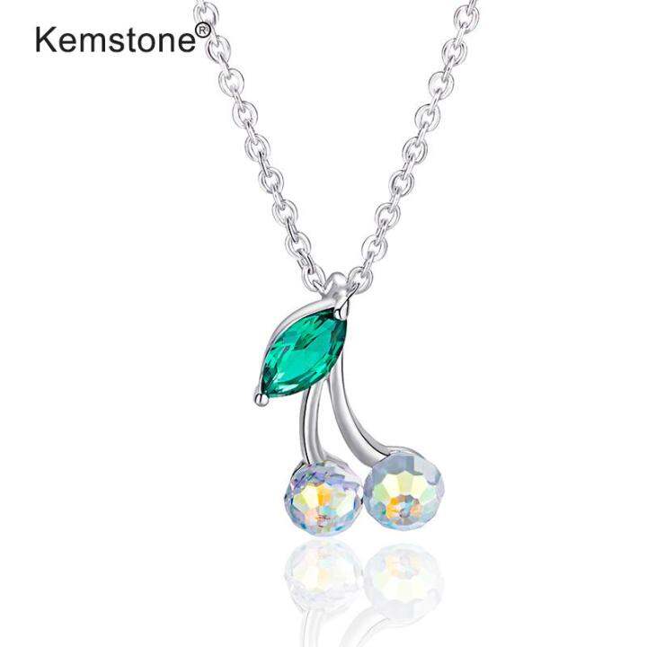Kemstone Stylish Green Leaves Pink White Crystal Fruit Pendant Necklace