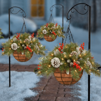 Pre-lit Artificial Christmas Hanging Basket - Flocked with Mixed Decorations and White LED Lights Hanging Ornament Xmas Decor