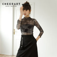 CHEERART Tulle Transparent Top Long Sleeve T Shirt Women Abstraction Print See Through Ladies Top Women 2020 Clothing