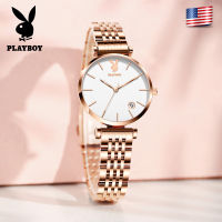 PLAYBOY ของแท้สุภาพสตรีนาฬิกากันน้ำ 2023 ใหม่หรูหราแฟชั่นลำลองปฏิทินนาฬิกาควอทซ์สแตนเลสกุหลาบทองตาข่ายเข็มขัดนาฬิกาแบรนด์เนมของขวัญแฟน