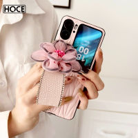 HOCE เคสใส่โทรศัพท์หนังหนังแกะหรูหราสำหรับ OPPO Find N2พลิกพร้อมสายรัดข้อมือแฟชั่นการ์ตูนน่ารักตาข่ายเคสดอกไม้สำหรับการค้นหาเคสป้องกันพลิก N2