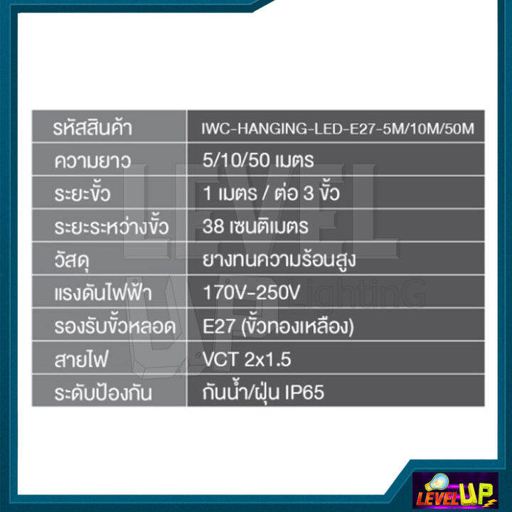 iwachi-สายขั้วห้อยระย้า-ขั้วไฟระย้า-ขั้วไฟราว-5-เมตร-ขั้วสายไฟงานแต่ง-ขั้วสายไฟงานวัด-สายไฟสำหรับตกแต่ง-e27-5m-กันน้ำ