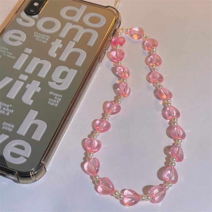 sweet-and-cute-pink-heart-mobile-strap-phone-chains-for-women-pearl-chain-cellphone-pendant-charm-key-anti-lost-lanyard-jewelry