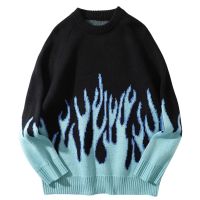 (Free Gift) Flame Crew Neck Knitwear Jacquard Mens Sweater Hip Hop Sweater Pullover Hipster Sweater Man Clothing