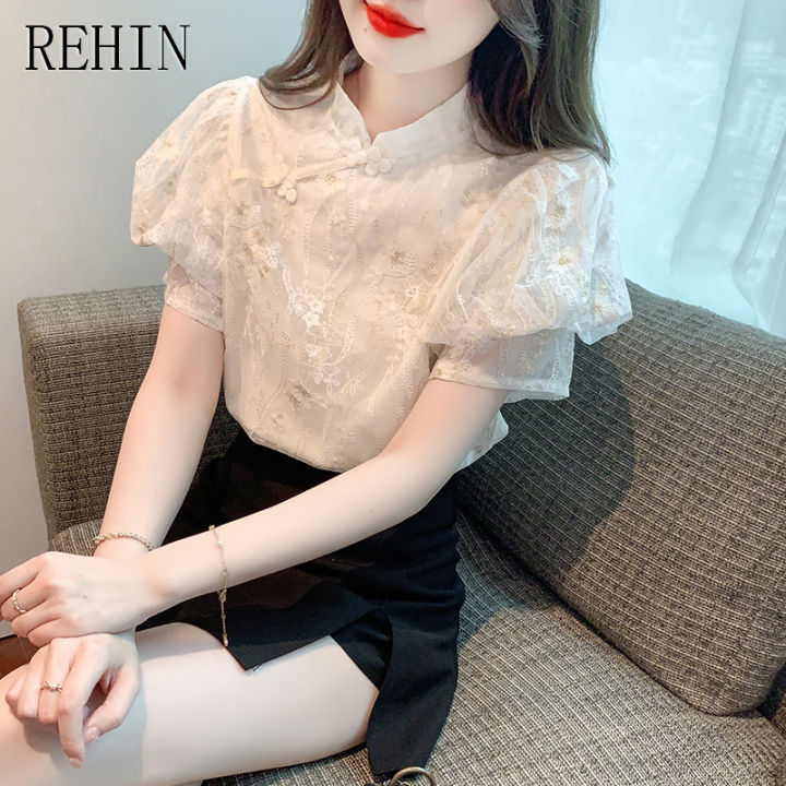rehin-เสื้อผู้หญิงตะขอสไตล์วินเทจกี่เพ้าจีน-เสื้อเชิ้ตผ้าชีฟองแขนพองลูกไม้แต่งทรงใหม่ฤดูร้อนเสื้อผู้หญิงแขนสั้น