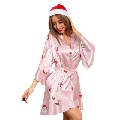 Ruffles Sleeve Robe For Women Satin Sleepwear Christmas Bathrobe Sexy Print Kimono Bathrobe Gown Soft Nightdress Lingerie