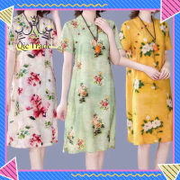 【จัดส่งที่รวดเร็ว✨】Women Summer Cheongsam Dress Retro Flower Printing Short Sleeves Midi Skirt Loose Casual Dress