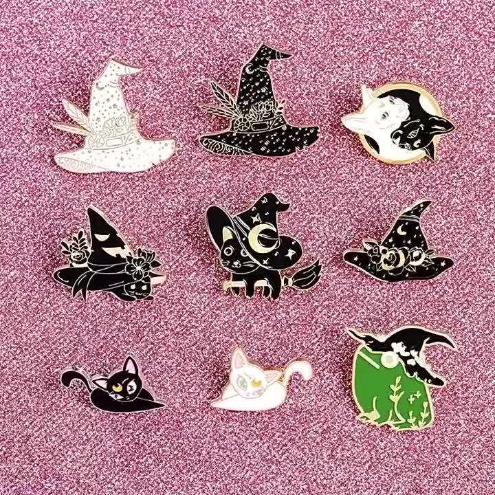 Witch Enamel Pins Collection Witch Hat And Cat Frog Pins Up Crescent ...