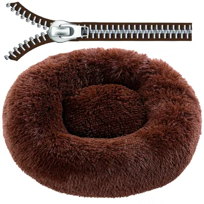 Round Plush Dog Bed with Zipper House Dog Cat Mat Winter Warm Sleeping Cats Nest Soft Long Plush Dog Basket Cushion Portable