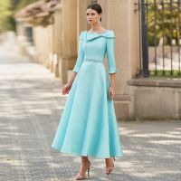 【YF】 Elegant Mother of the Bride Dresses O Neck 3/4 Sleeves Wedding Party Gowns Pearls Bow A-Line Tea-Length Robe De Soirée Femme