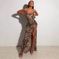 Women Fashion Long Dress Metal Chains Shoulder Straps Cross Backless Leopard Printed Split Dresses