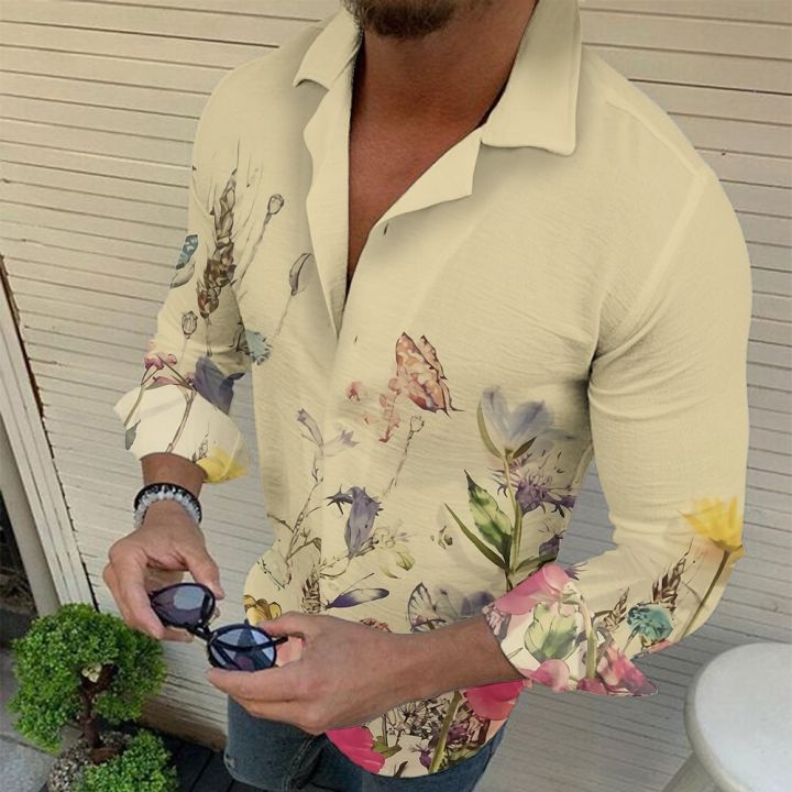 เสื้อฮาวายพิมพ์ลายดอกไม้แบบพับลงเสื้อผ้าพิมพ์ลายพิมพ์ลาย3d-กลางแจ้งลำลองสำหรับฤดูร้อนเสื้อเชิ้ตผู้ชาย