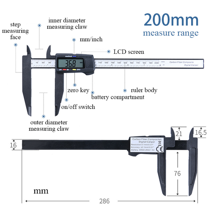 หน้าจอการพับภาพความสว่างสูงคาร์บอนพลาสติก-pa66เครื่องวัดอิเล็กทรอนิกส์ยาวขนาดใหญ่200-300คาลิเปอร์ดิจิตัลช่วงการวัดขนาดใหญ่0-1มม-ความละเอียดเวอร์เนียคาลิปเปอร์ไม้บรรทัด
