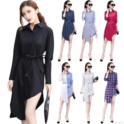 Women Dress Fashion Slim Irregular Lace-up Temperament Long-sleeved Stitching Stripe dress muslimah