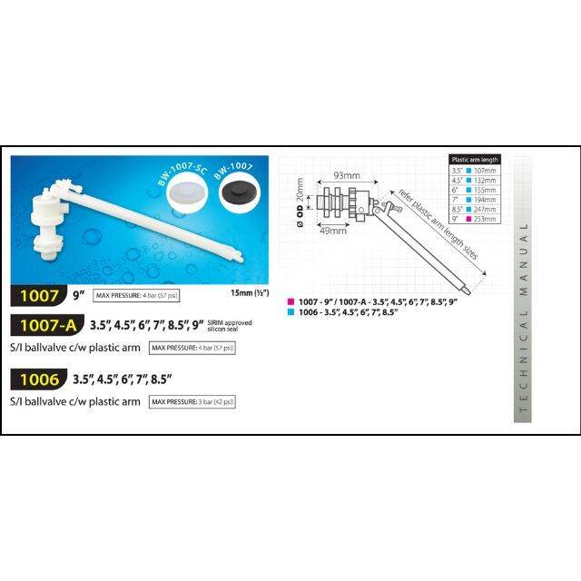 Techplas 1007 15mm Cistern Float Valve (9") + Poly Float Ball Lazada