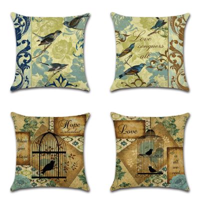 Retro Animal Pillow Case Birdcage Bird Flower Printing Cushion Cover Home Decorative Linen Car Sofa Waist Pillowcase 45*45cm