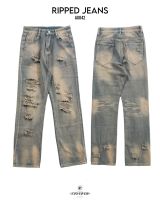 Ripped jeans ( au042 ) สีสนิมฟอกแต่งขาด ทรงกระบอกเล็ก