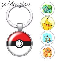 【DT】Pokemon Cute Anime cartoon Kawaii Photo Round glass cabochon keychain Bag Car key chain Ring Holder Charms keychains for gift hot